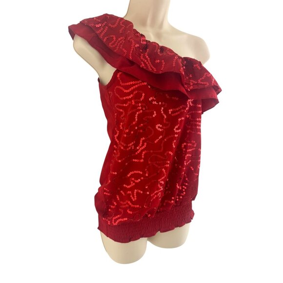 Red Double Ruffle Sequins One-Shoulder Blouson Top Blouse Shirt‎ Size Medium - Picture 3 of 6